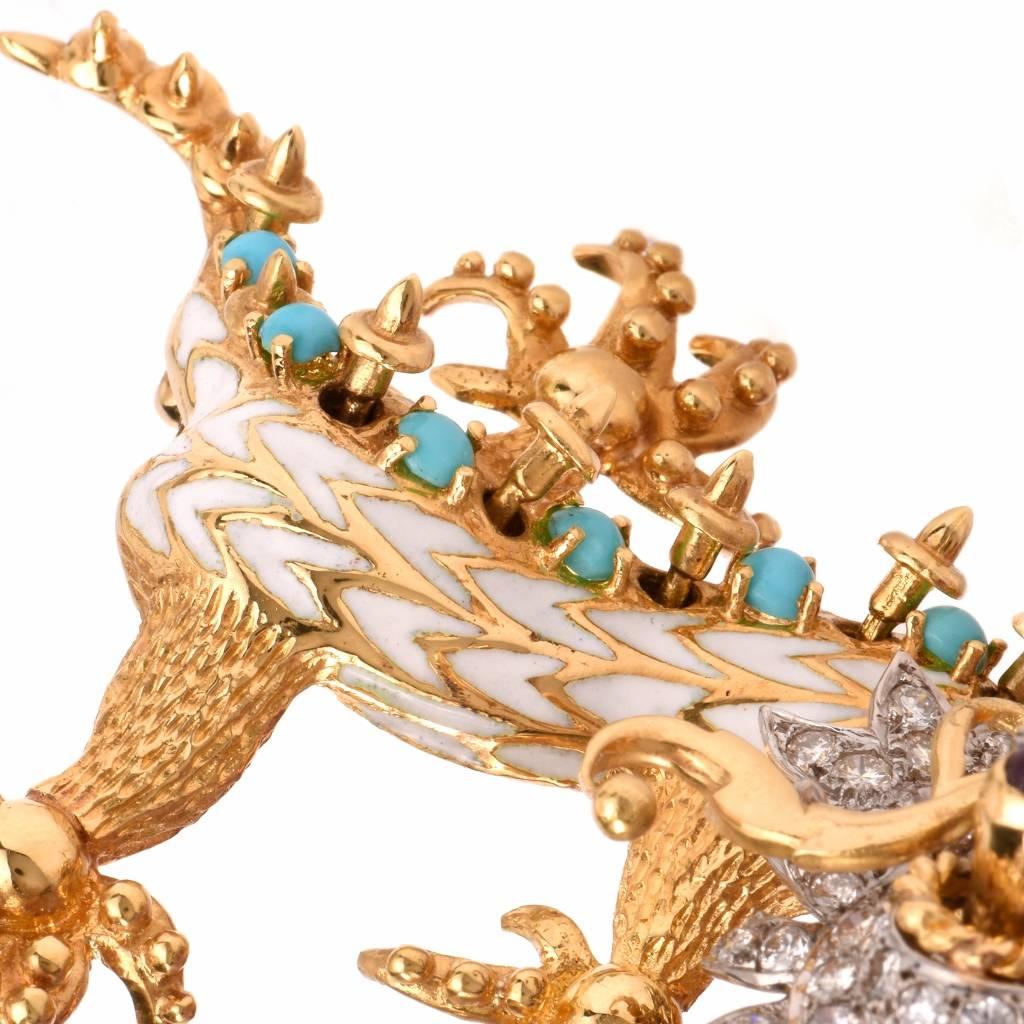 Women's Enamel Turquoise Ruby Diamond Gold Dragon Pin Brooch