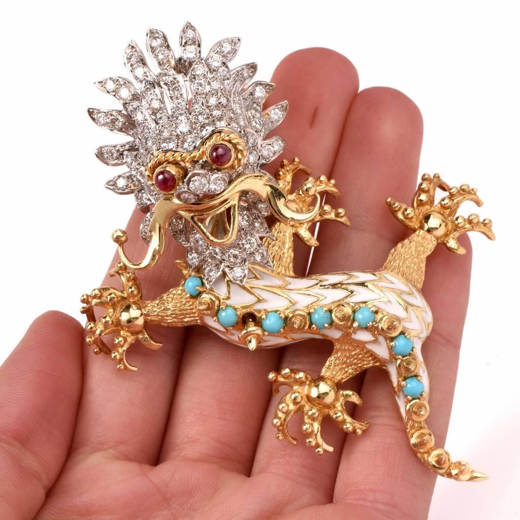 Enamel Turquoise Ruby Diamond Gold Dragon Pin Brooch 3