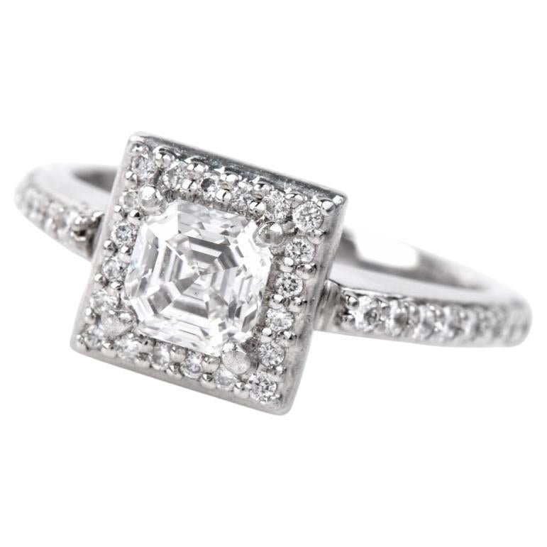 Bague de fiançailles Art Déco en platine avec diamant taille Asscher de 0,75 carat certifié par le GIA