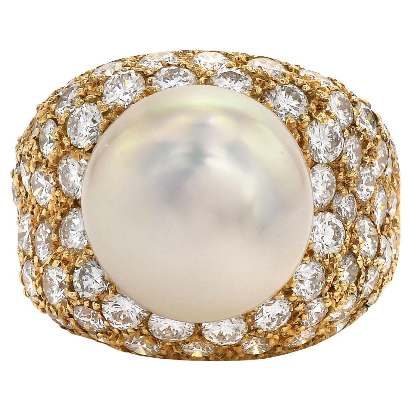 Retro Vintage 5.50ct Diamond South Sea Pearl 18k Yellow Gold Pave Cocktail Ring For Sale