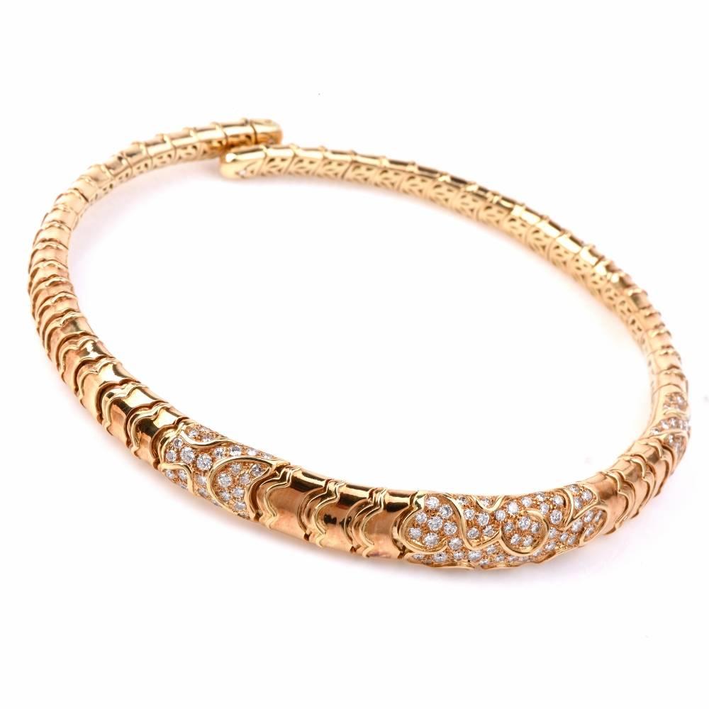 This exquisite heavy choker is crafted in solid 18K yellow gold. Featuring a fine elegant design, this choker cuff necklace with covered in 60 genuine high quality round cut diamonds approx: 2.90cttw, F-G color, VS1-VS2 clarity, pave set. This cuff