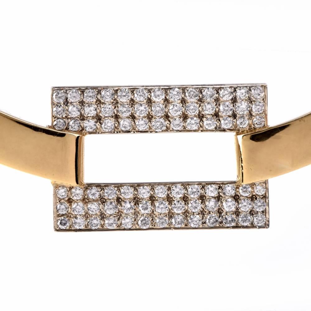 This captivating choker is crafted in solid 18K yellow gold. Centered with an openwork square deco style, is centered with 78 genuine round cut impeccable diamonds approx: 4.68cttw, G-H color, VS1-VS2 clarity, prong set. With a security insert