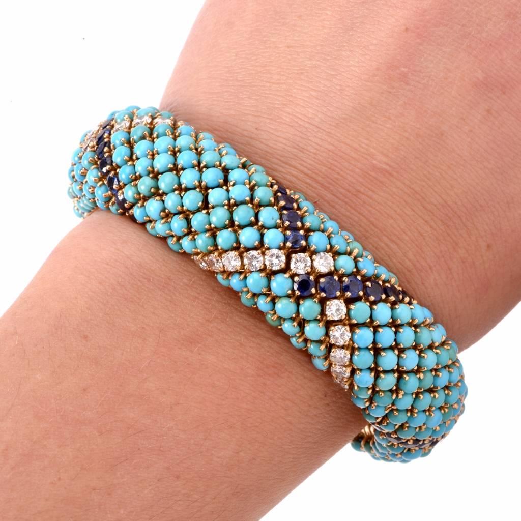 1960s George L’ Enfant  Turquoise Diamond French Gold Bracelet In Excellent Condition In Miami, FL