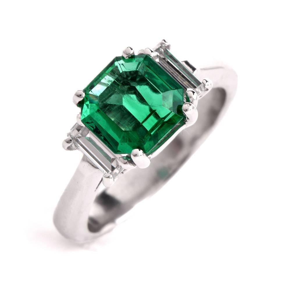 Modern Certified 2.51carat Colombian Emerald Diamond Three Stone Platinum Ring