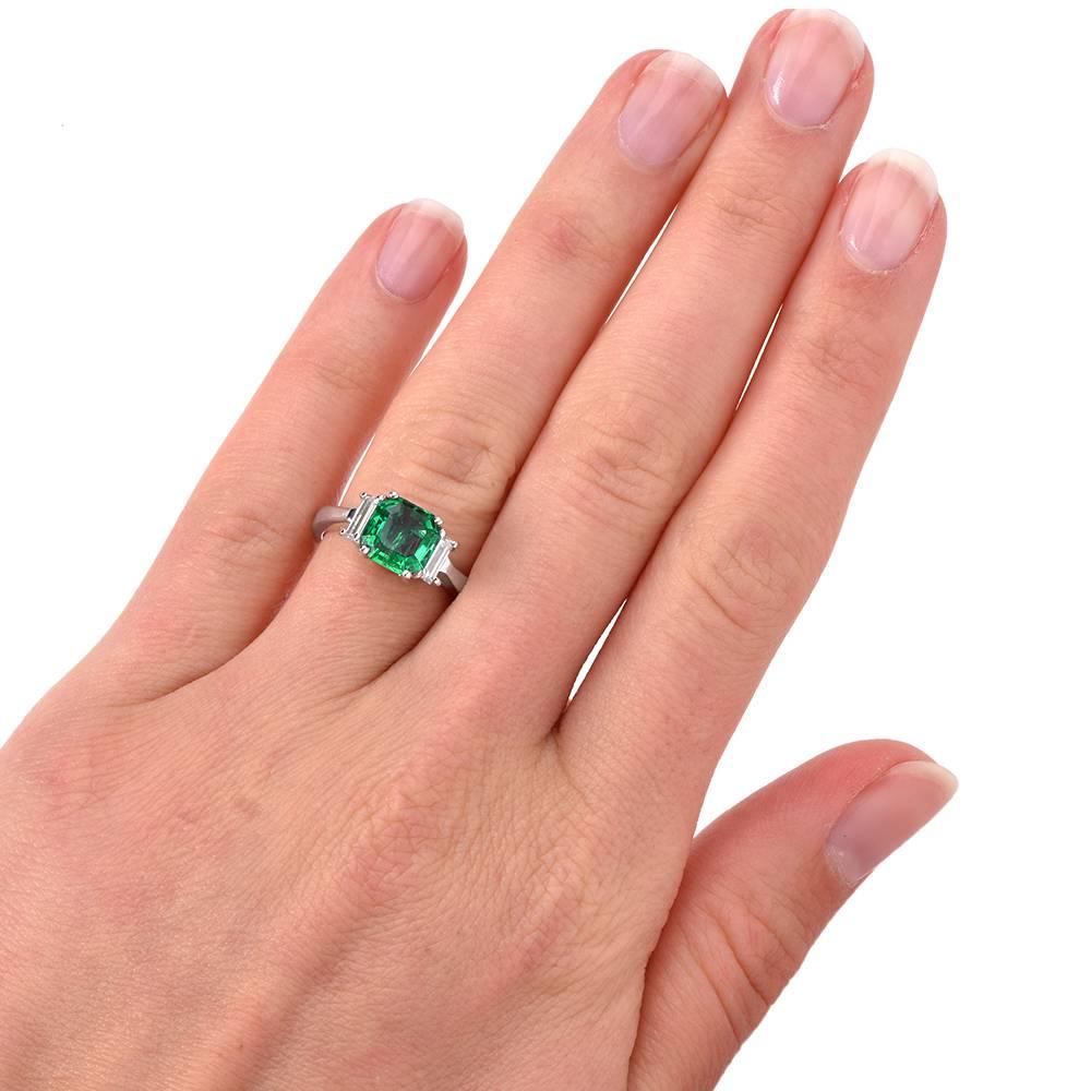 Women's Certified 2.51carat Colombian Emerald Diamond Three Stone Platinum Ring