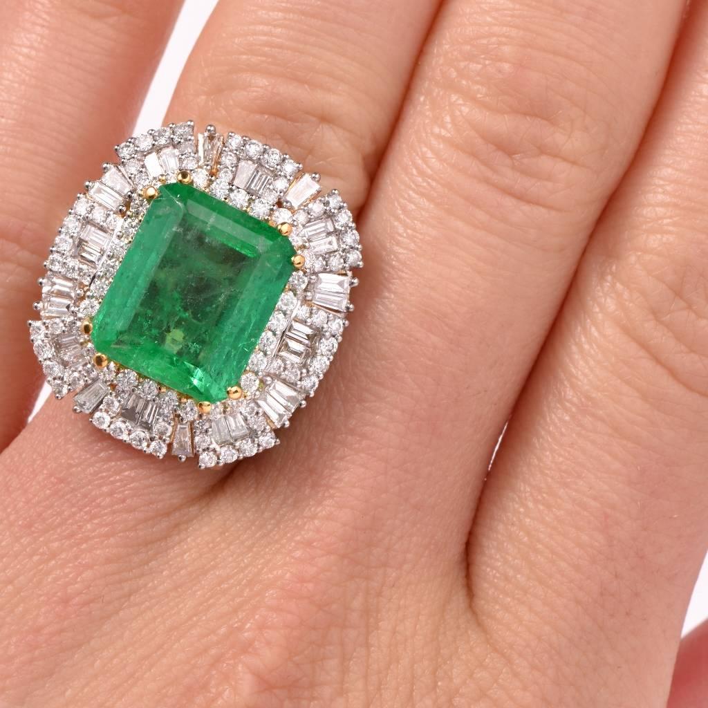 Certified Emerald Diamond Platinum Ballerina Ring In Excellent Condition In Miami, FL