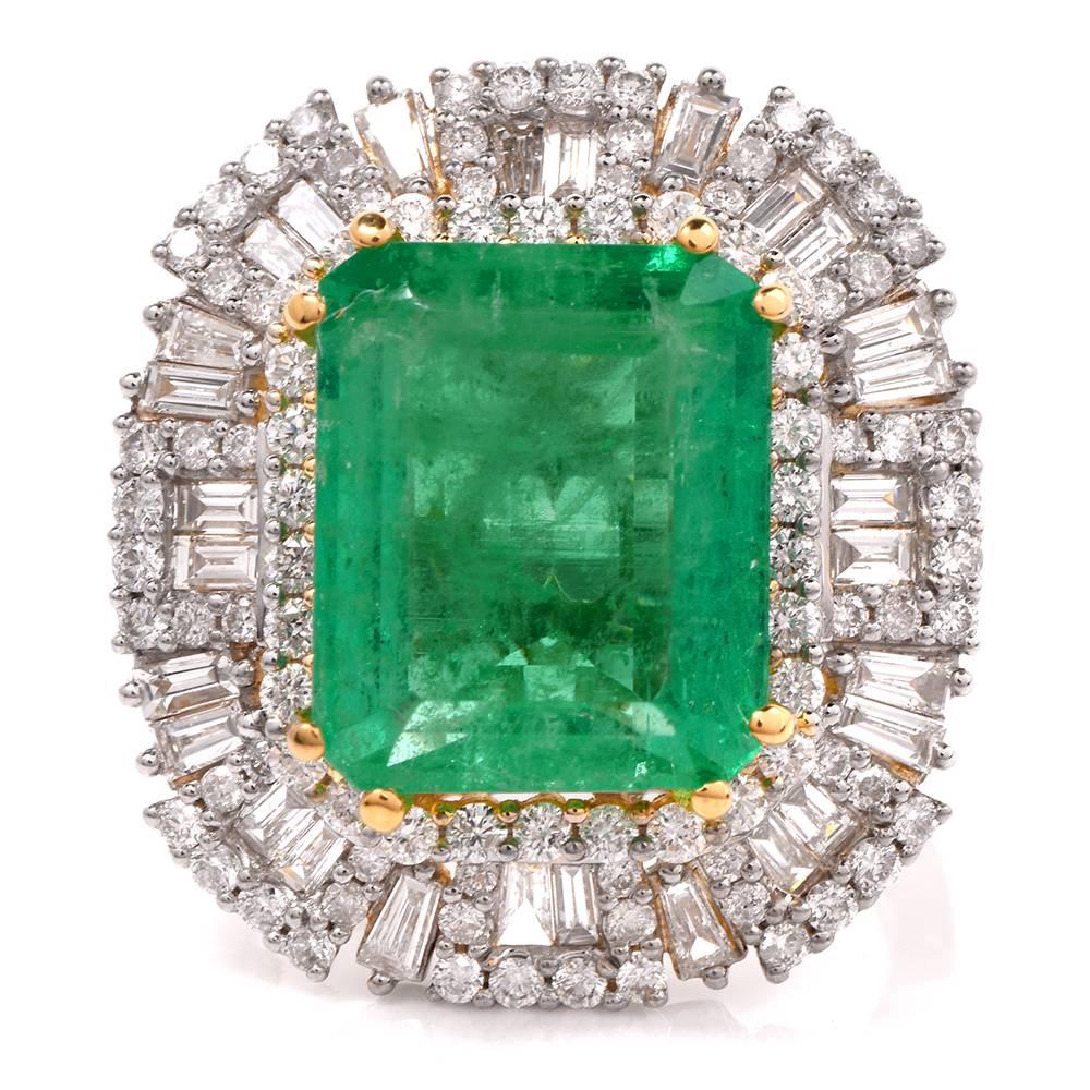 This sparkling and exquisite ballerina ring Finely crafted in solid platinum. This ring is set with 1 emerald- cut genuine Colombian emerald approx. 7.76ct, prong set, GIA Graded F1 (with minor oil treatment only) The stunning center stone is poised