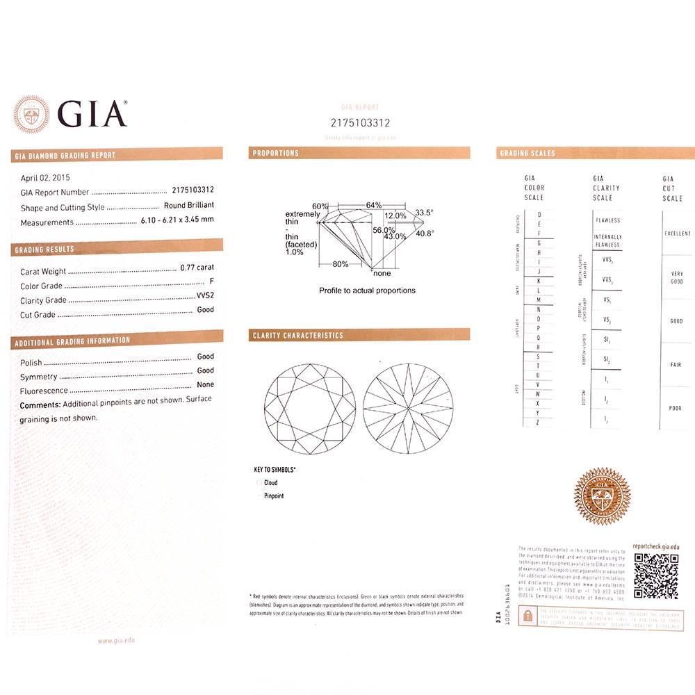21st Century GIA F-VVS2 Round Solitaire 0.77carat t Diamond Platinum Pendant 1