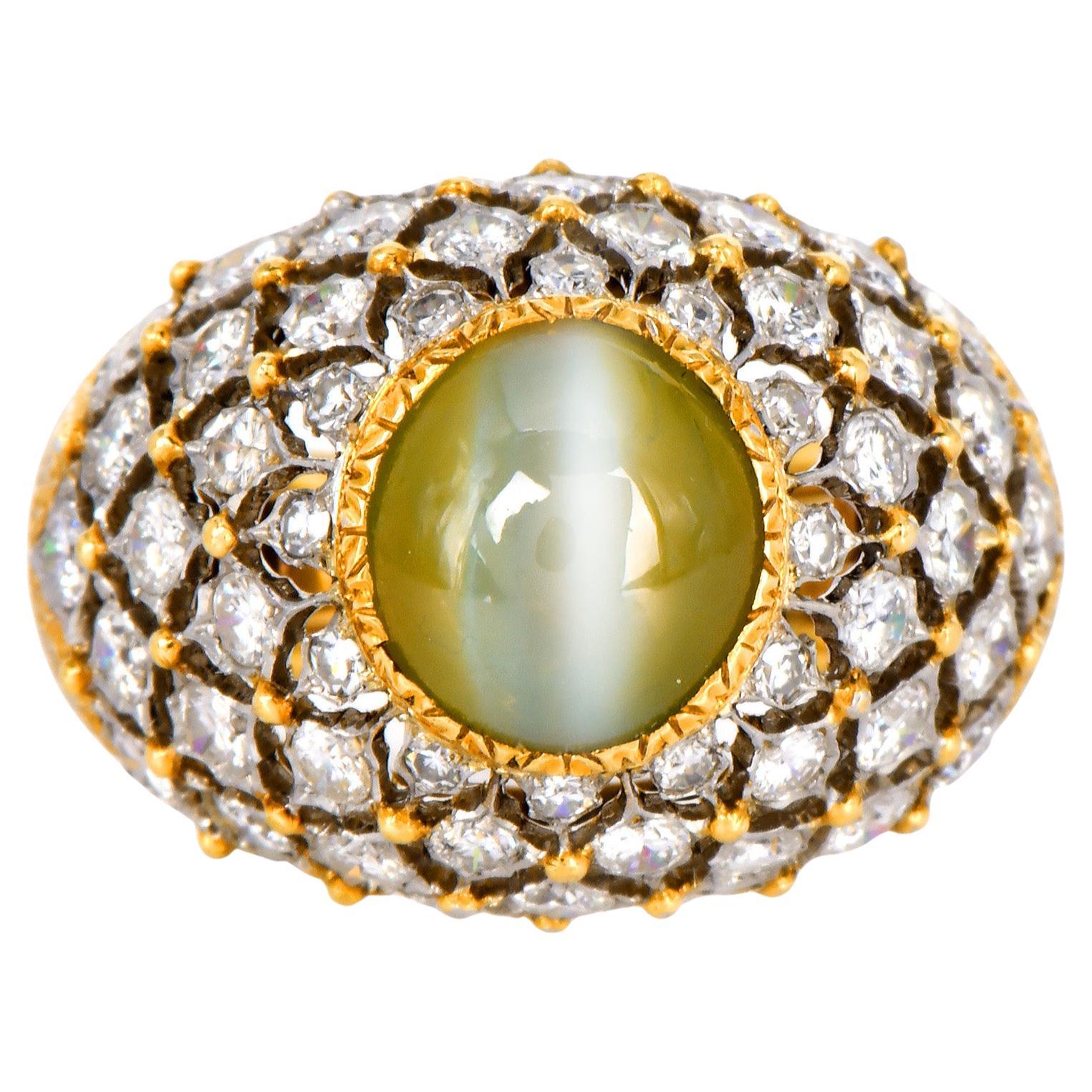 Timeless Vintage Buccellati High Dome Cocktail Ring from the MARCI Collection.  At the heart of this ring sits a mesmerizing chrysoberyl cat's eye cabochon, bezel-set weighing approx. 4.16 carats. this Buccellati's iconic lace design is meticulously
