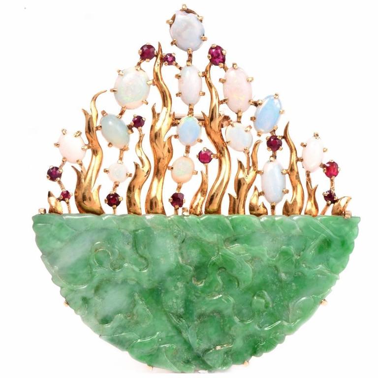English Jade Opal Ruby Gold Floral Brooch at 1stdibs