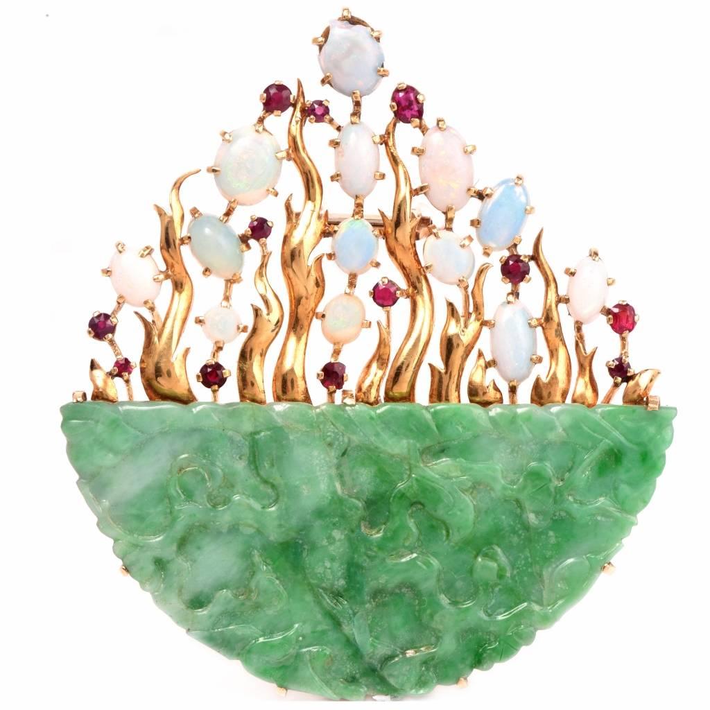 English Jade Opal Ruby Gold Floral Brooch