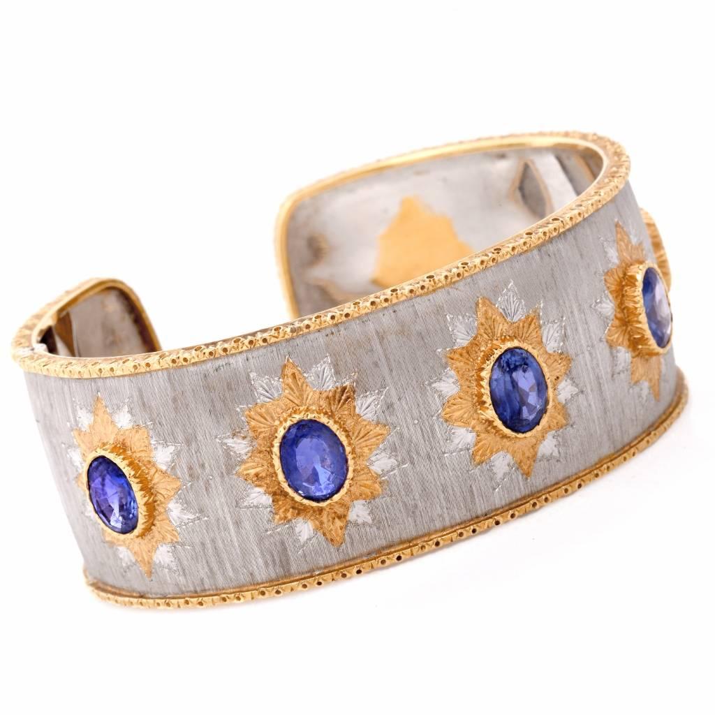 This elaborately detailed eye-catching cuff bangle bracelet is a true work of art from Its founder Mario Buccellati. He turned to the goldsmiths of ancient Rome for his inspiration, allowing us to enjoy the craftsmanship of this superb piece made by