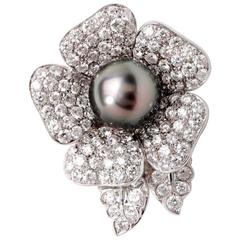 11.00 Carat Diamonds Pearl Gold Flower Brooch Pin 9
