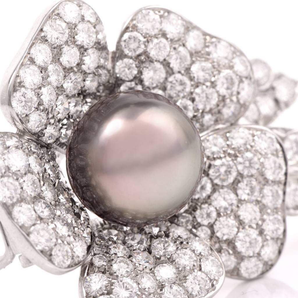 Round Cut 1980's Craiger Drake 11.00 Carat Diamonds Pearl Gold Flower Brooch Pin For Sale