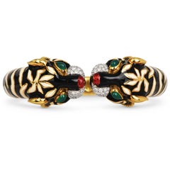 1970's Roberto Legnazzi 18K Gold Diamond Enamel Panther Cuff Bracelet