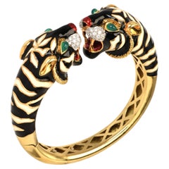 1970's Roberto Legnazzi 18K Gold Diamond Enamel Panther Cuff Bracelet