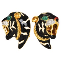 1970's Roberto Legnazzi 18K Gold Diamond Enamel Panther Clip-On Earrings