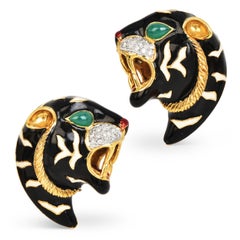 1970's Roberto Legnazzi 18K Gold Diamond Enamel Panther Clip-On Earrings