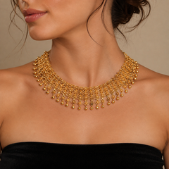 Collar gargantilla vintage de malla floral con flecos, de oro amarillo de 14K