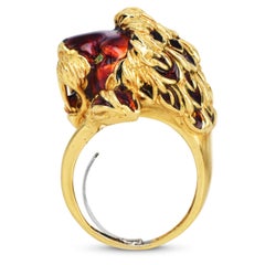 1980s Enamel Lion Head Emerald Eye 18K Yellow Gold Cocktail Ring
