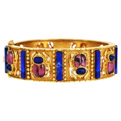 Vintage Lapis Rhodochrosite Scarab 18K Gold Bangle Bracelet