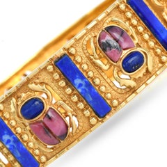 Vintage Lapis Rhodochrosite Scarab 18K Gold Bangle Bracelet