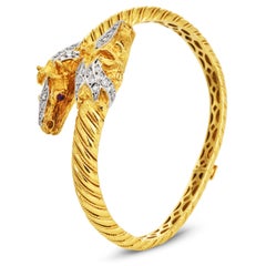 Diamond Horse Head Bangle Ruby Eye 18K Yellow Gold Bracelet