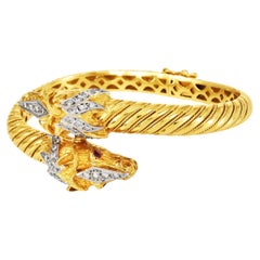 Diamond Horse Head Bangle Ruby Eye 18K Yellow Gold Bracelet