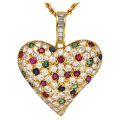 18K Gold 12.25cts Diamond Ruby Sapphire Emerald Heart Pendant