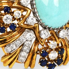1970s Vintage Turquoise Sapphire Diamond 18K Gold Statement Brooch Pendant