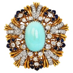1970s Vintage Turquoise Sapphire Diamond 18K Gold Statement Brooch Pendant