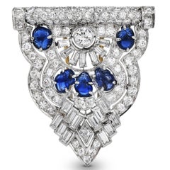 Antique Art Deco 12.50 Carat Diamond Sapphire Platinum Double Clip Brooch