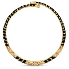 5.20cts Diamond Black Enamel 18K Yellow Gold Snake Cuff Choker Necklace