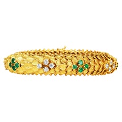 Vintage 1960s Diamond Emerald 18K Gold Dome Snake link Bracelet