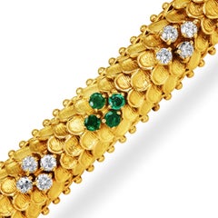 Vintage 1960s Diamond Emerald 18K Gold Dome Snake link Bracelet