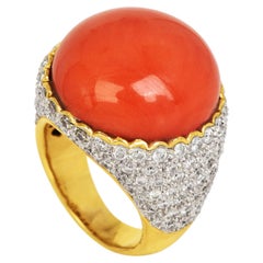 Vinatge 18K Yellow Gold Coral Cabochon & Diamond Dome Cocktail Ring