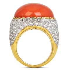 Vinatge 18K Yellow Gold Coral Cabochon & Diamond Dome Cocktail Ring
