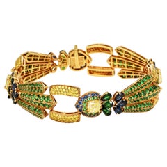18K Gold Fancy Yellow Diamond Tsavorite & Sapphire Floral Link Bracelet