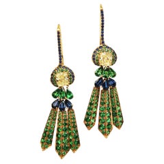 18K Gold Fancy Yellow Diamond Tsavorite & Sapphire Chandelier Earrings