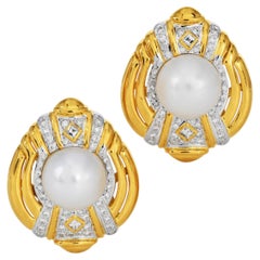 Pendientes de clip de los años 80, de oro amarillo de 18 quilates, con diamantes y perlas de 2,25 quilates