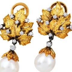 Vintage-Ohrringe von Buccellati mit Perlen, Diamanten und Blättern aus 18-karätigem Gold
