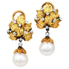 Vintage-Ohrringe von Buccellati mit Perlen, Diamanten und Blättern aus 18-karätigem Gold