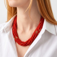 14K Gold Natural Red Coral Multi Strand Torsade Necklace
