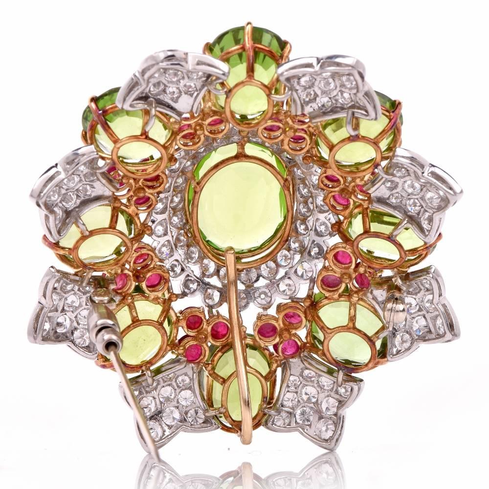 1980s Peridot Ruby Diamond Gold Impressive Brooch Pin and Pendant 2