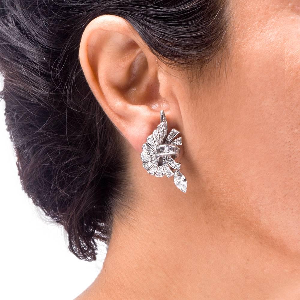 Art Deco 1960s Pear and Baguette Diamond Platinum Clip-Back Earrings