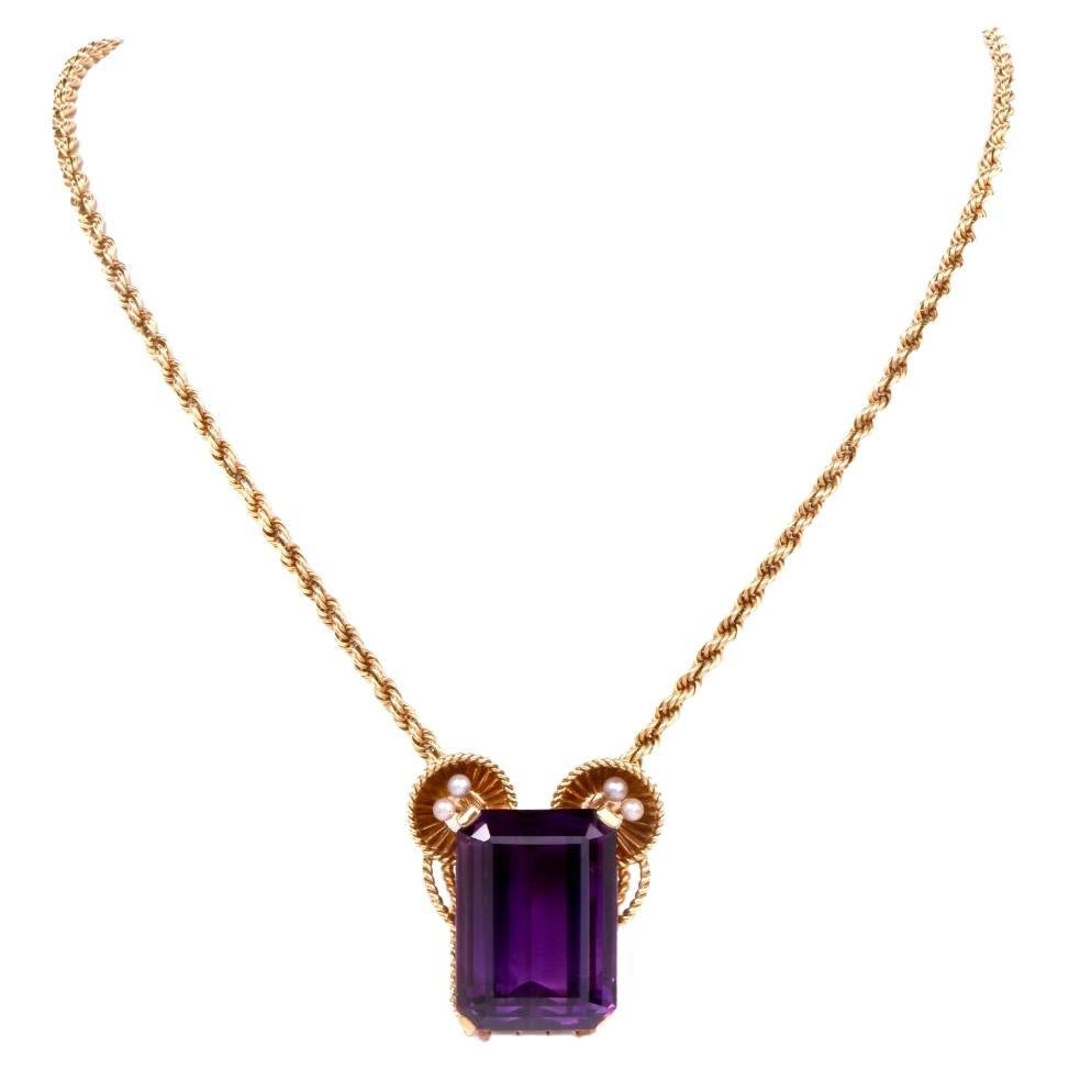 Gueblin Vintage Retro Amethyst Seed Pearl Gold Pendant Necklace