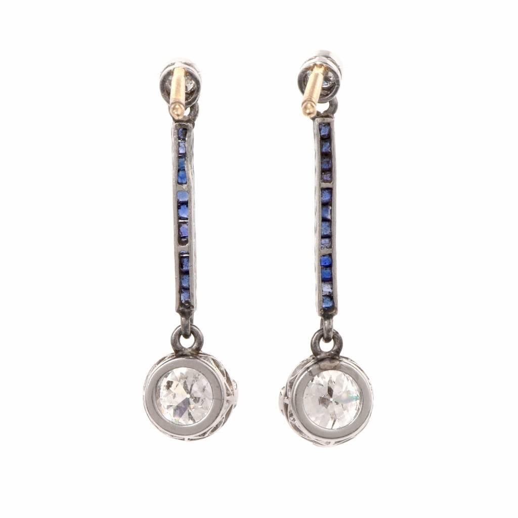 Antique Art Deco Diamond Blue Sapphire Pendant Earrings In Excellent Condition In Miami, FL