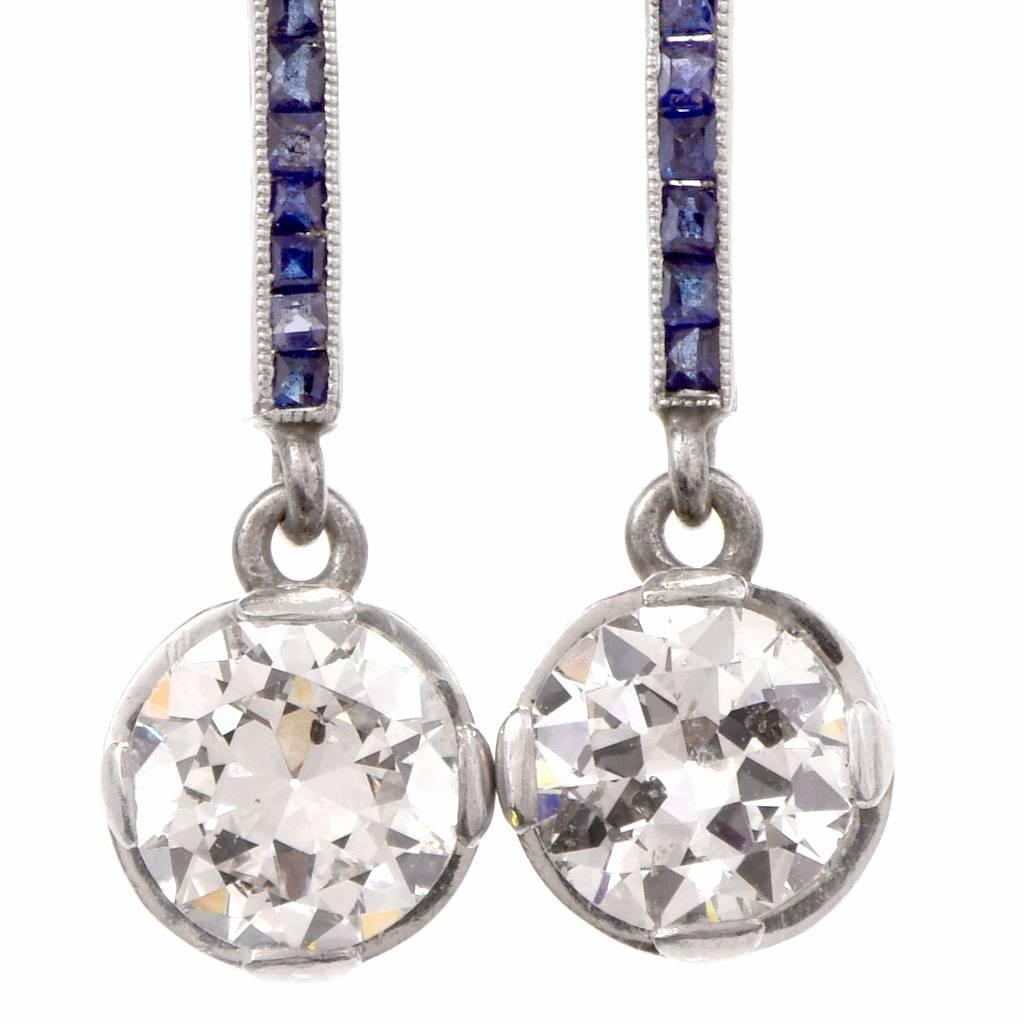 Round Cut Antique Art Deco Diamond Blue Sapphire Pendant Earrings