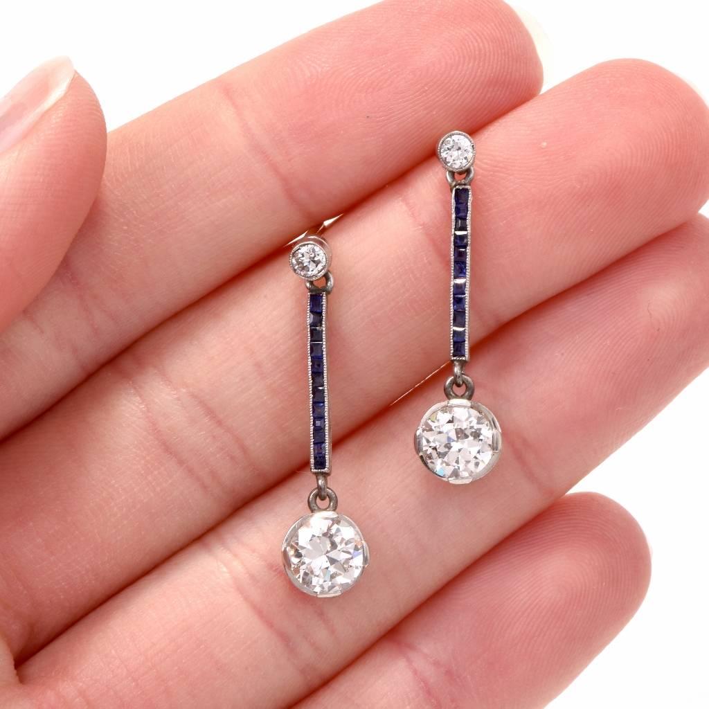 Women's Antique Art Deco Diamond Blue Sapphire Pendant Earrings