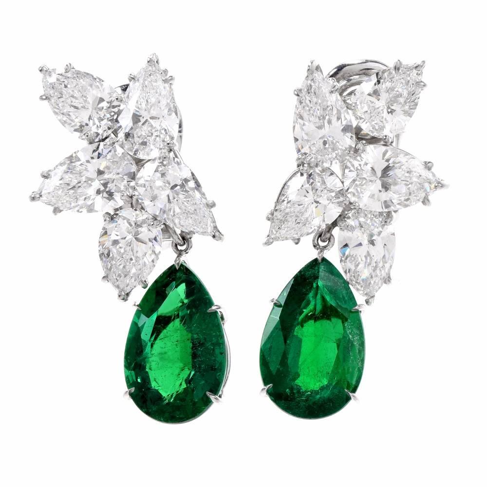 Pear Cut Extraordinary GIA Diamond Emerald Platinum Clip-On Earrings For Sale